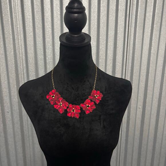 Bold Red Layered Flower Statement Necklace Gold Chain | Glam Floral Jewelry - Picture 7 of 13